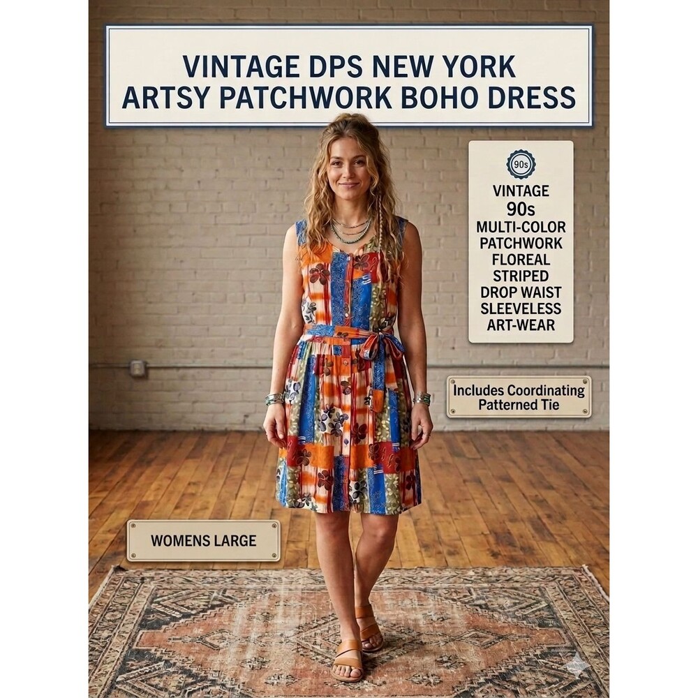 Vintage DPS New York Dress, Sleeveless with Tie,  Artsy Patchwork Boho, Size L